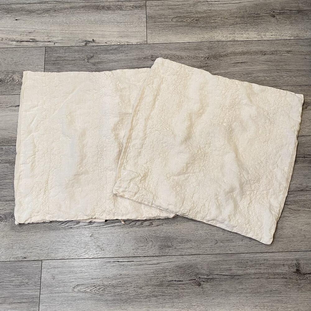 Bella Notte Two Euro Shams Ines Linen With Knife Edge Lace Embroidered Tie Backs